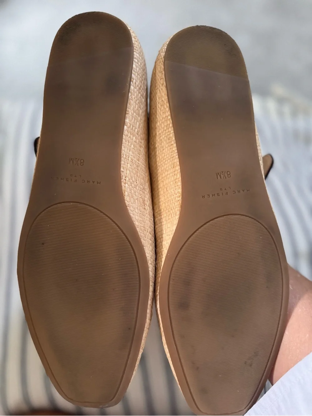 Marc Fisher Natural Straw Mary Jane Flats with Black Trim